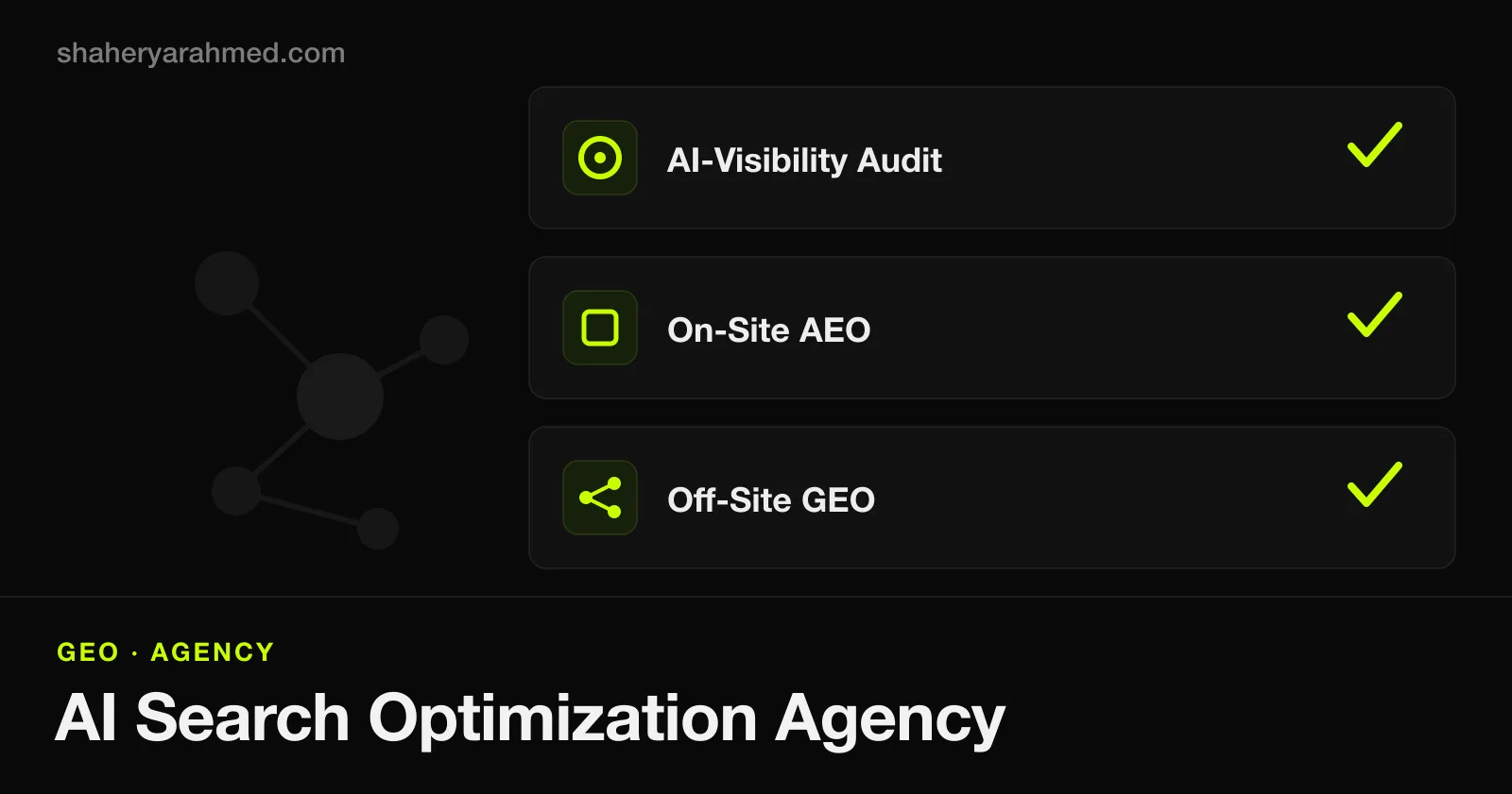 Answer engine optimization agency deliverables — AI-visibility audit, on-site AEO, and off-site GEO, each marked complete