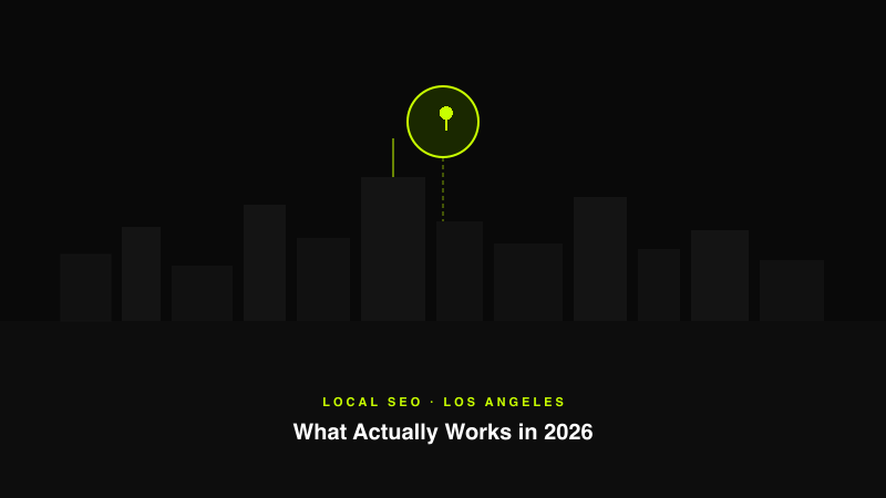Dark map grid pattern with lime green location pins representing local SEO coverage points across Los Angeles neighbourhoods
