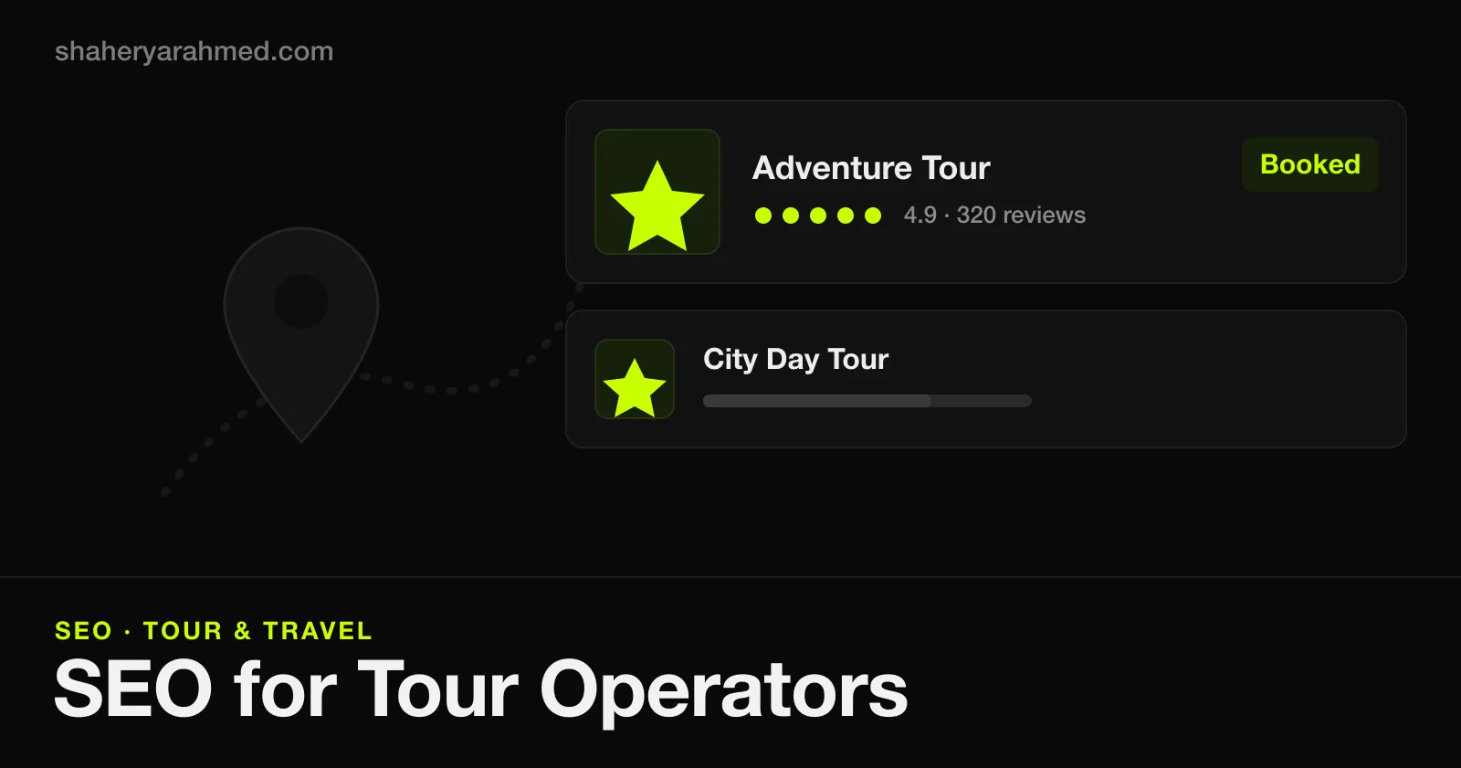 Tour operator SEO — ranked tour listings with review stars, a booked label, and a map pin for local search