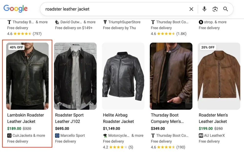 Google Shopping organic results for the search 'roadster leather jacket', with the brand's Lambskin Roadster Leather Jacket listing highlighted at position one.